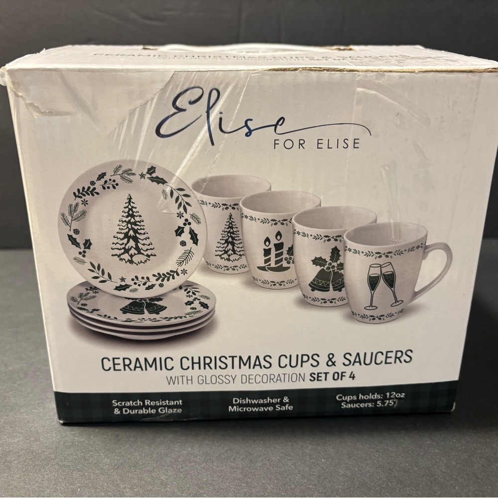For Elise Ceramic Holiday Mug & Saucer Set - White and Green